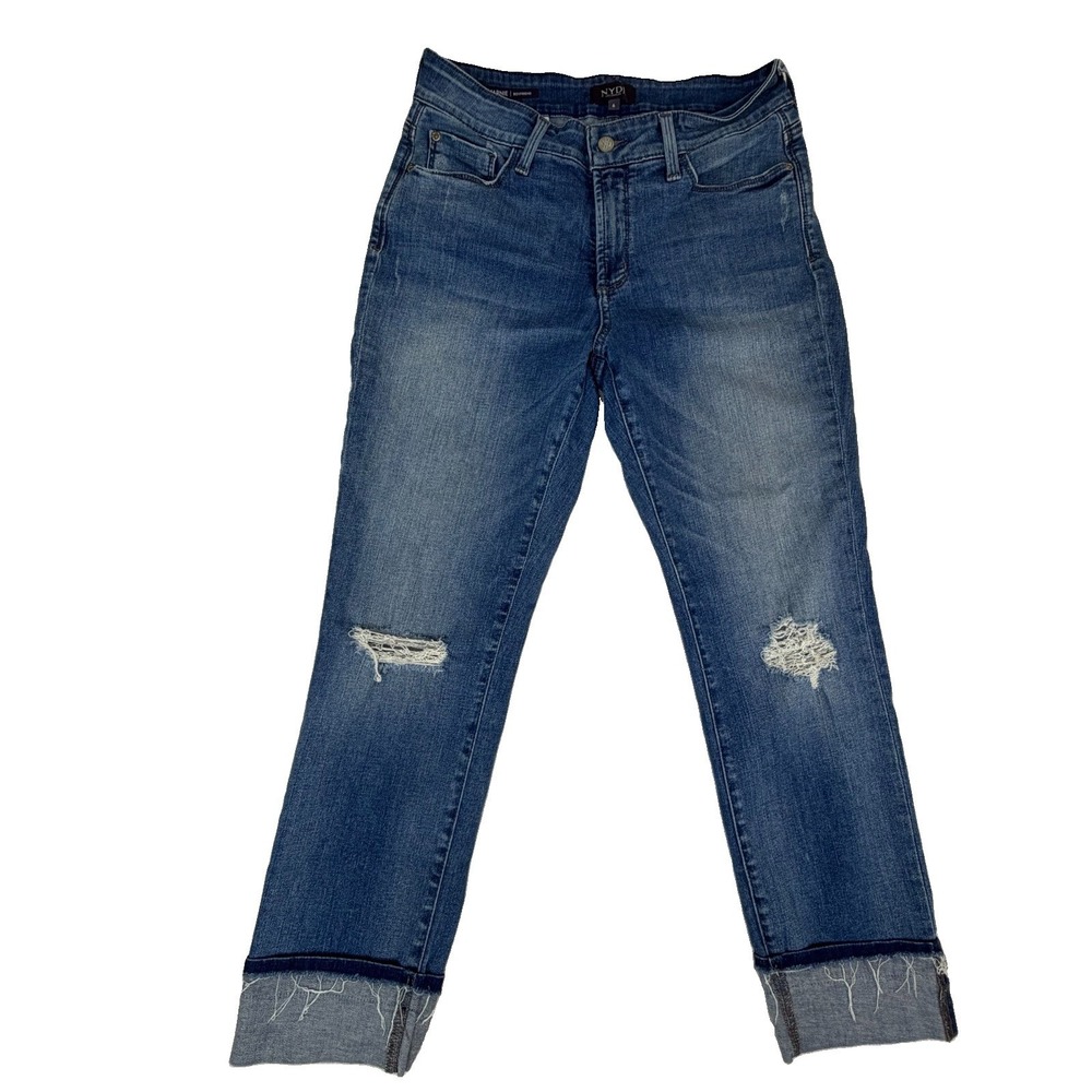 NYDJ Marnie Boyfriend Women's Jeans Size 6 Distressed Fade Cuffed Medium Wash